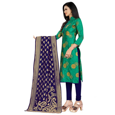 Desirable Green Colored Party Wear Woven Banarasi Silk Dress Material