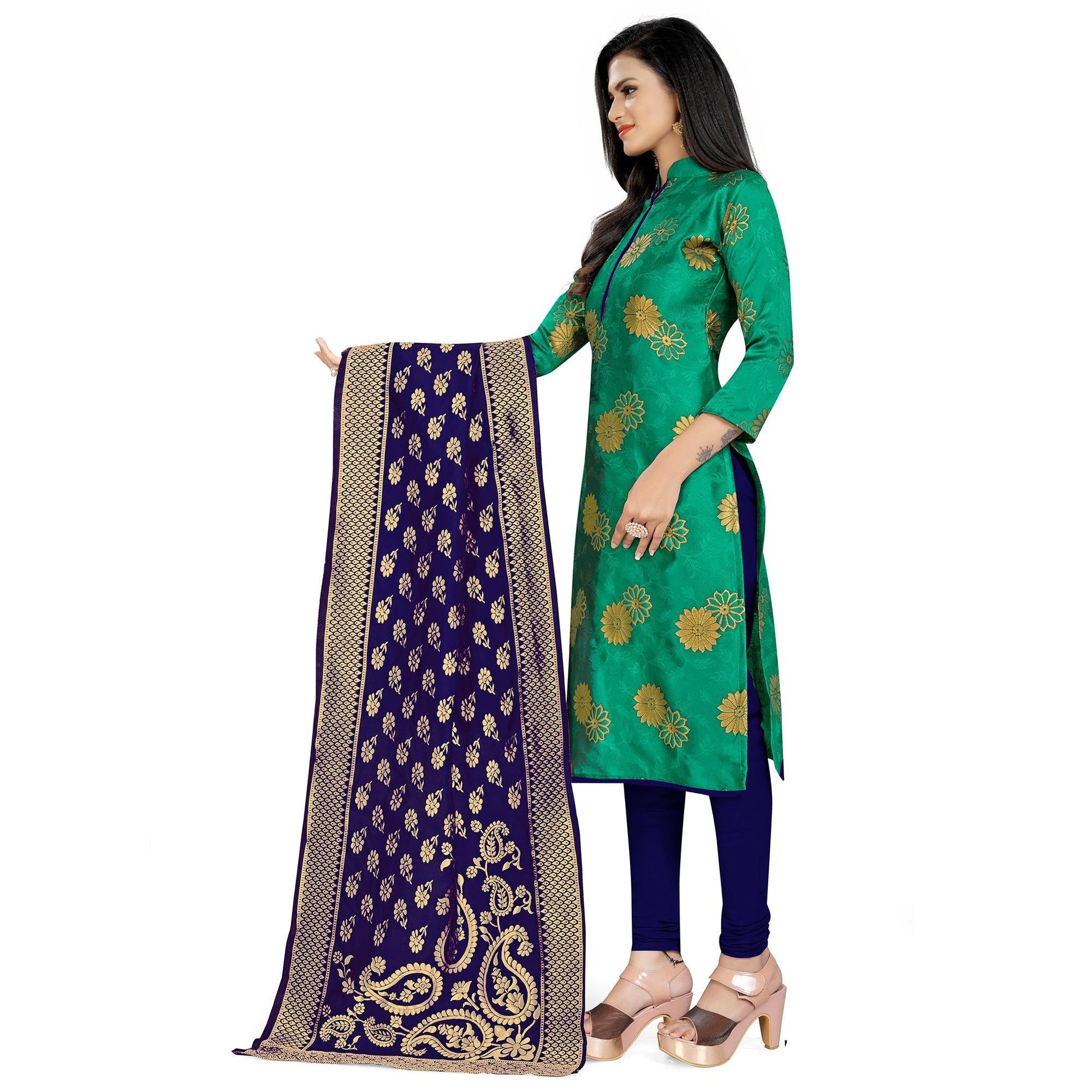 Desirable Green Colored Party Wear Woven Banarasi Silk Dress Material