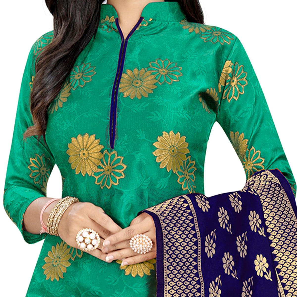Desirable Green Colored Party Wear Woven Banarasi Silk Dress Material
