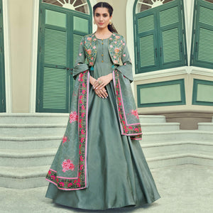 Desirable Green Coloured Embroidered Party Wear Floral Taffeta Gown
