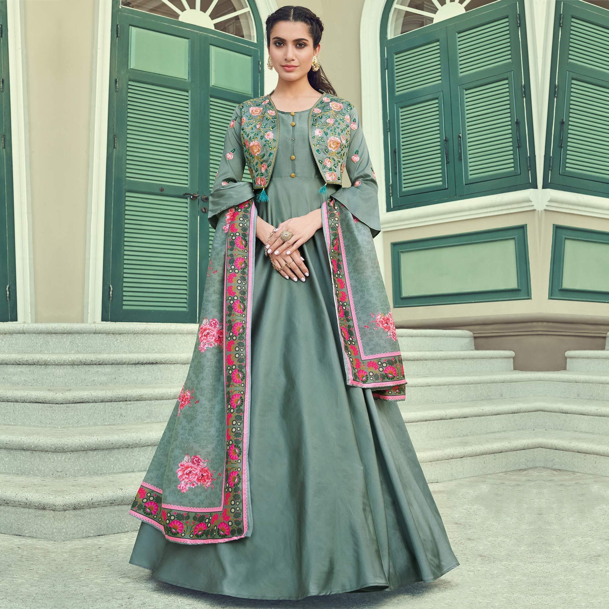 Desirable Green Coloured Embroidered Party Wear Floral Taffeta Gown