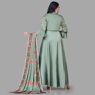Desirable Green Coloured Embroidered Party Wear Floral Taffeta Gown