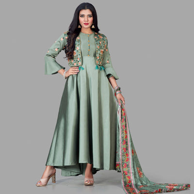 Desirable Green Coloured Embroidered Party Wear Floral Taffeta Gown