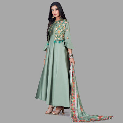 Desirable Green Coloured Embroidered Party Wear Floral Taffeta Gown