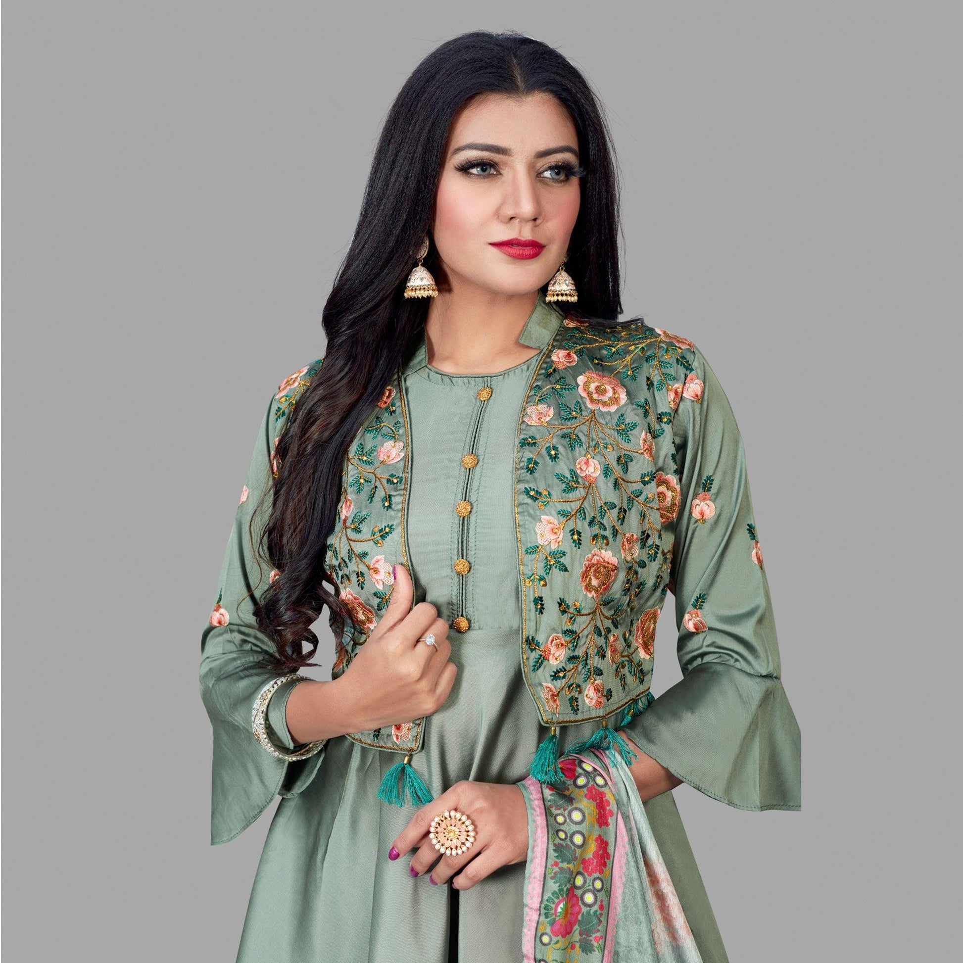 Desirable Green Coloured Embroidered Party Wear Floral Taffeta Gown