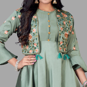 Desirable Green Coloured Embroidered Party Wear Floral Taffeta Gown
