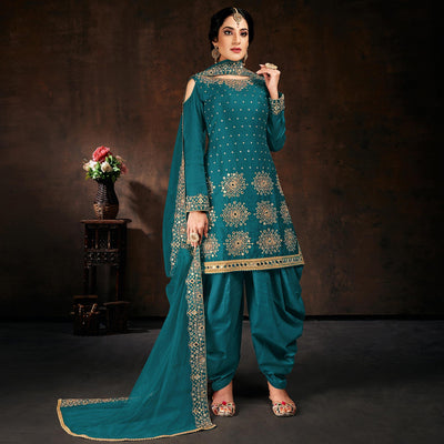Desirable Green Coloured Partywear Designer Embroidered Heavy Faux Georgette Patiala Suit