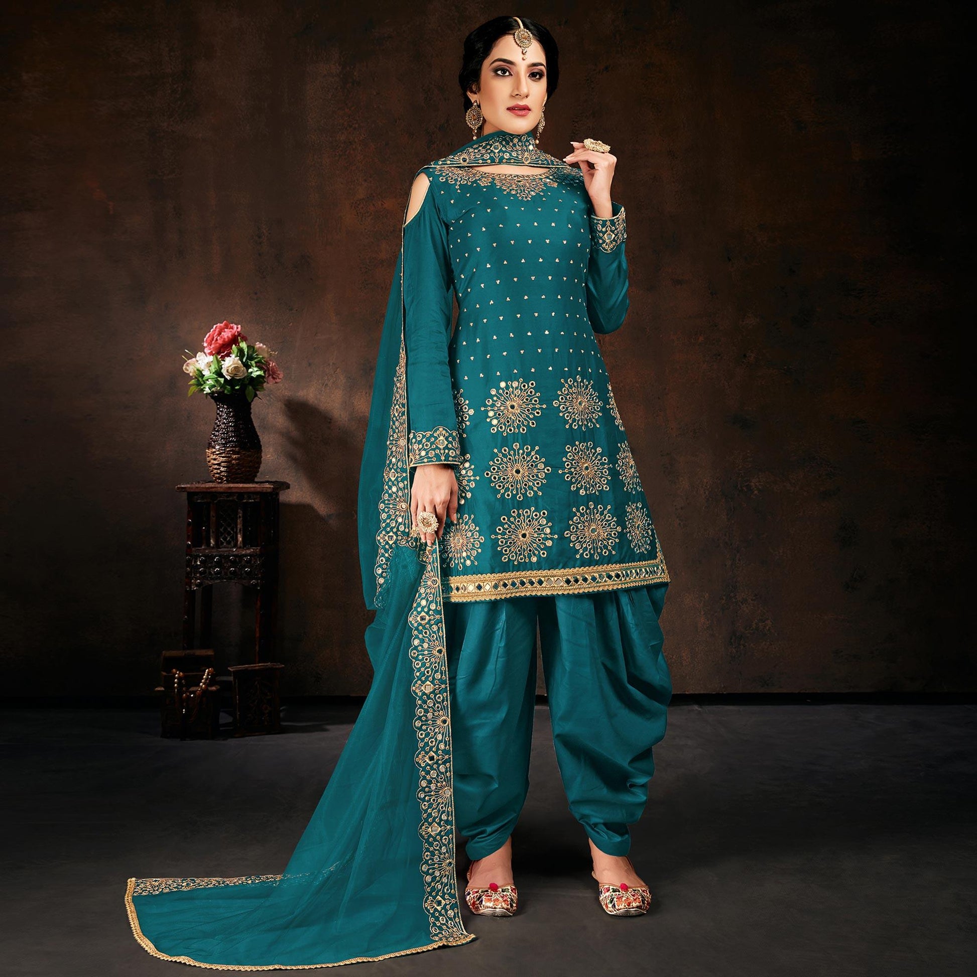Desirable Green Coloured Partywear Designer Embroidered Heavy Faux Georgette Patiala Suit