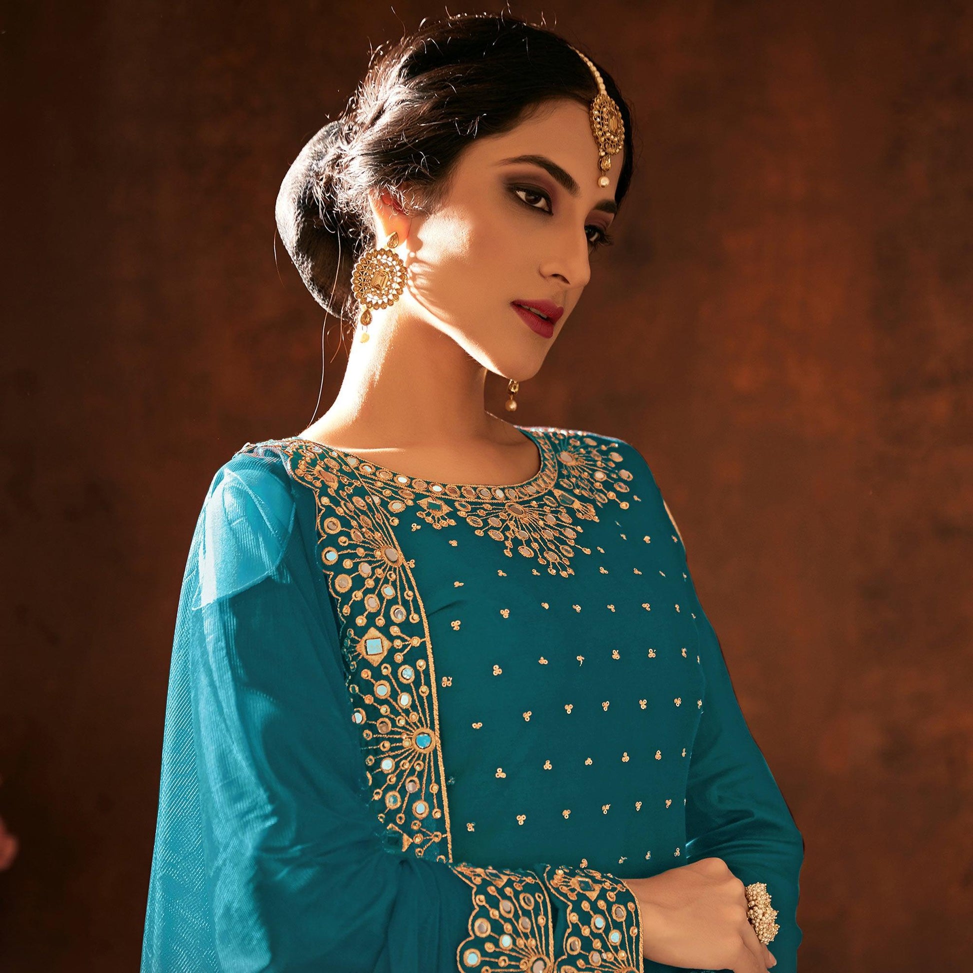 Desirable Green Coloured Partywear Designer Embroidered Heavy Faux Georgette Patiala Suit