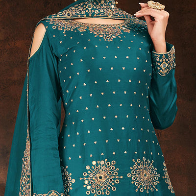 Desirable Green Coloured Partywear Designer Embroidered Heavy Faux Georgette Patiala Suit