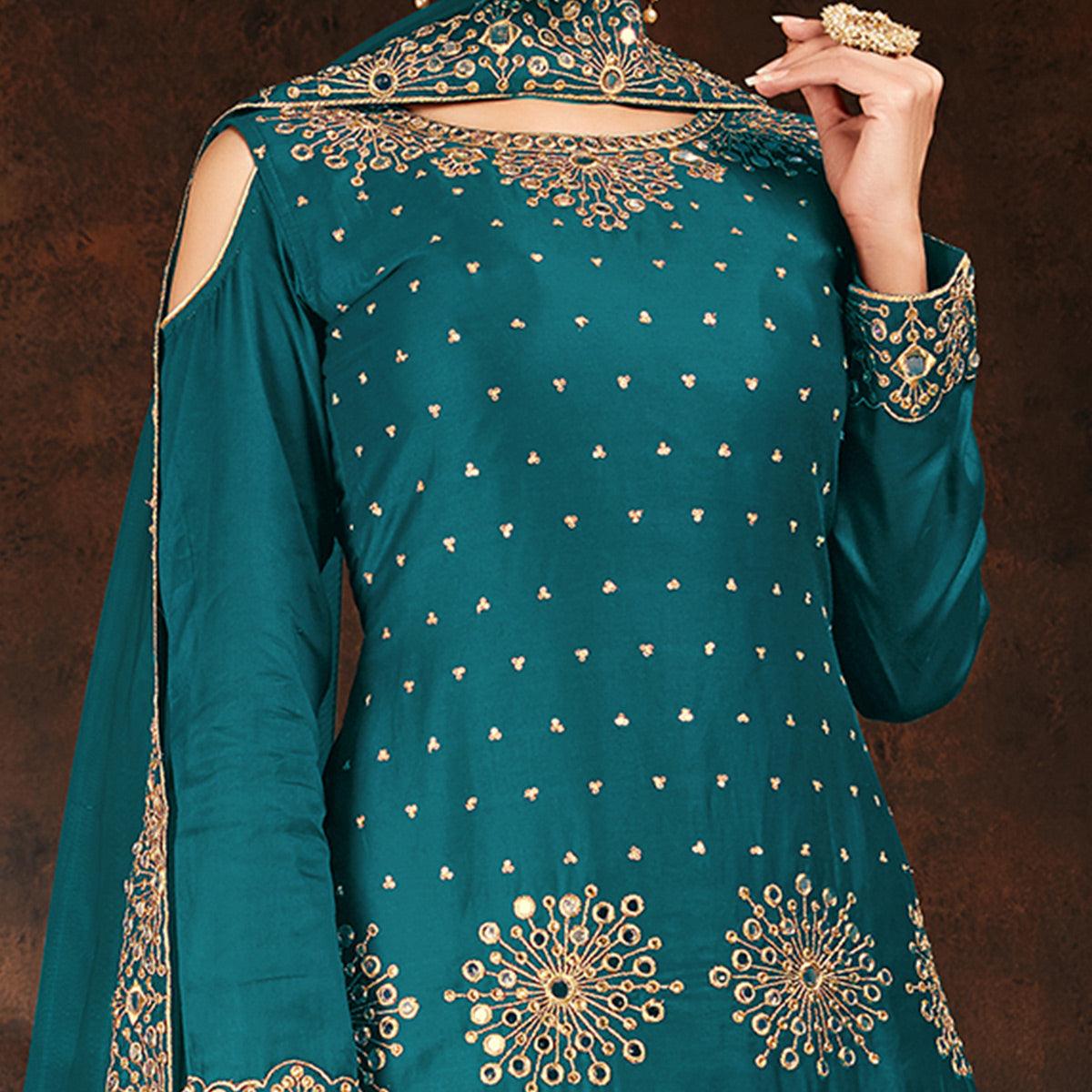 Desirable Green Coloured Partywear Designer Embroidered Heavy Faux Georgette Patiala Suit