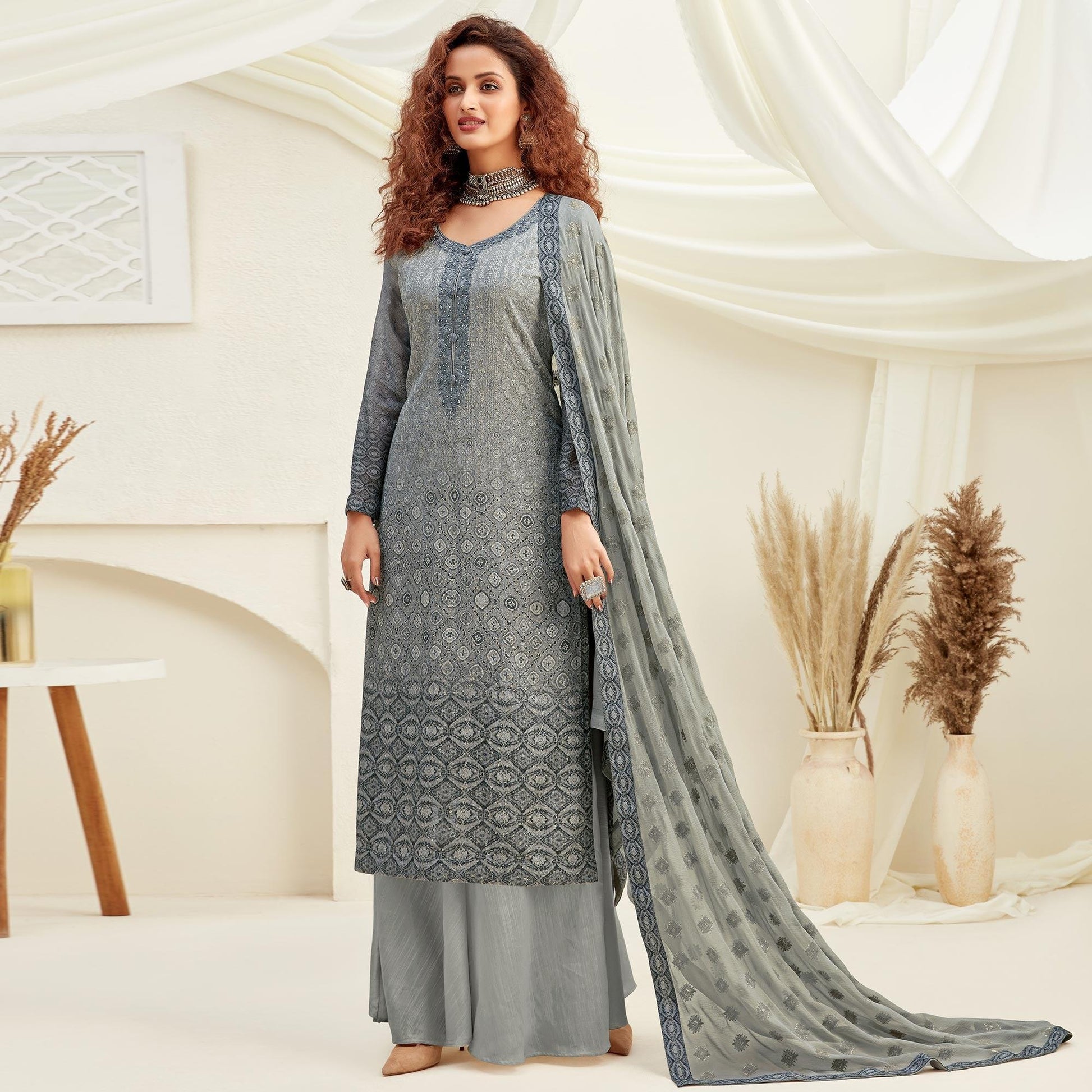 Desirable Grey Colored Embroidered With Digital Printed Partywear Pure Viscose Chinnon Chiffon Palazzo Suit