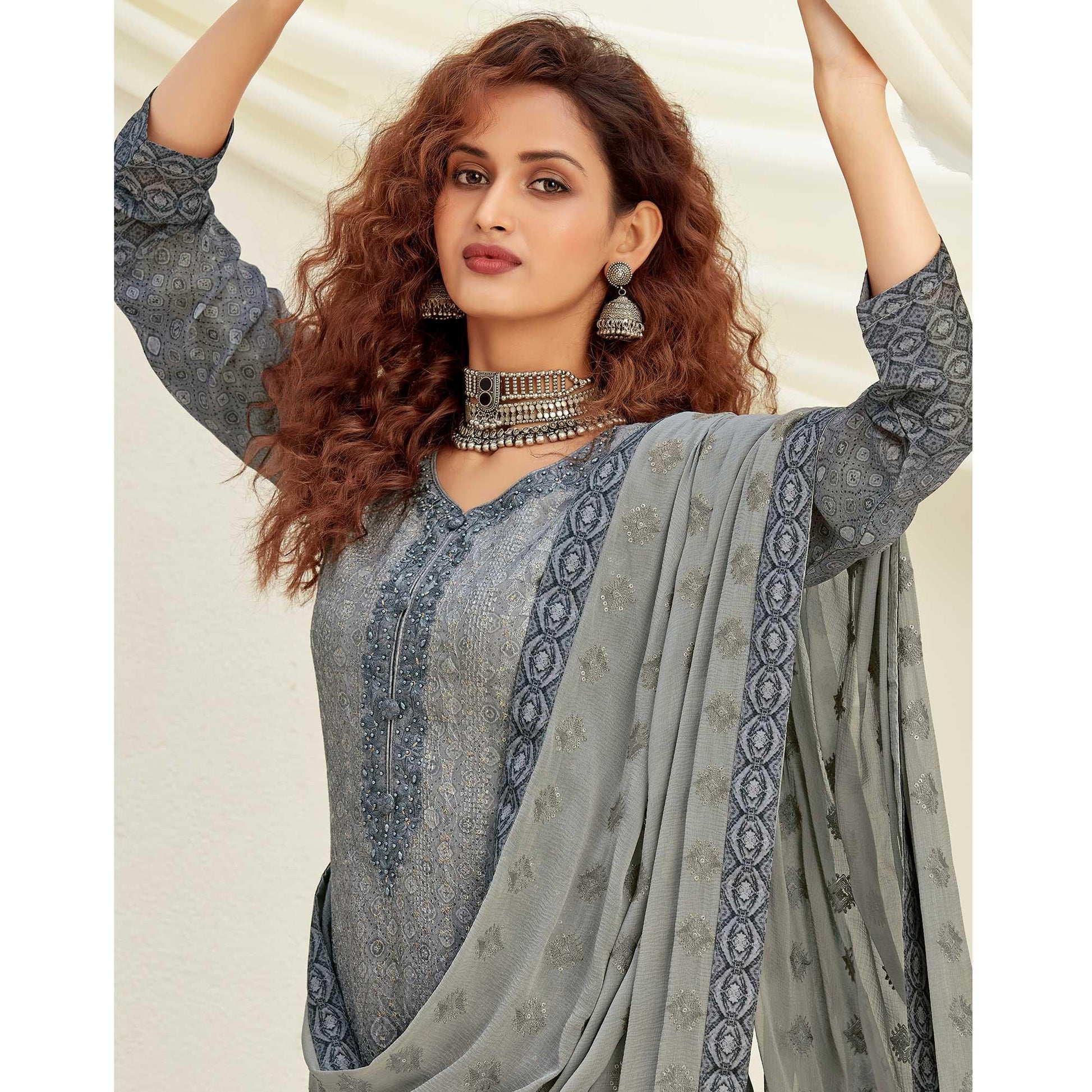 Desirable Grey Colored Embroidered With Digital Printed Partywear Pure Viscose Chinnon Chiffon Palazzo Suit