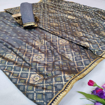 Desirable Grey Colored Festive Wear Foil Printed Dola Silk Saree