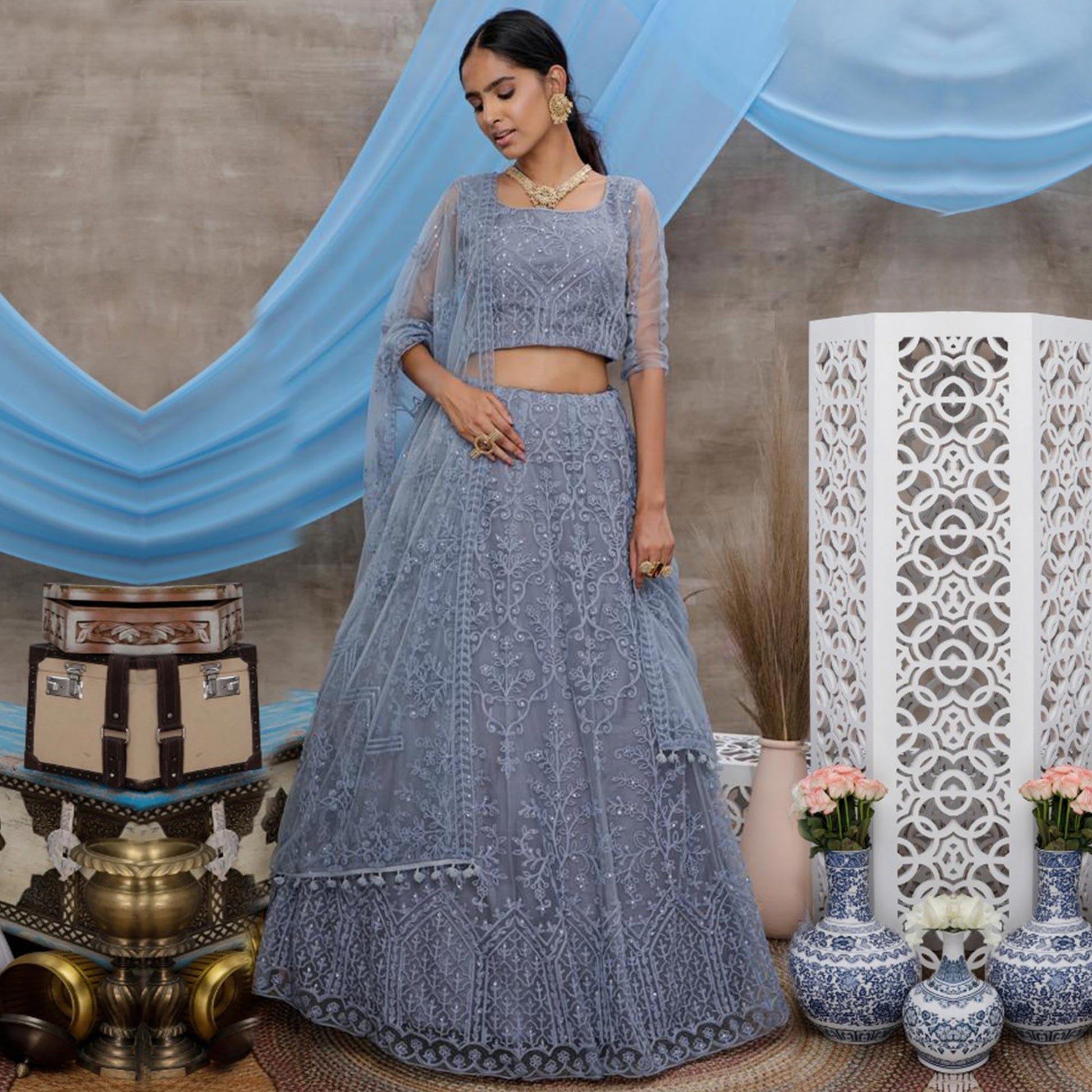 Desirable Grey Colored Party Wear Embroidered Net Lehenga Choli