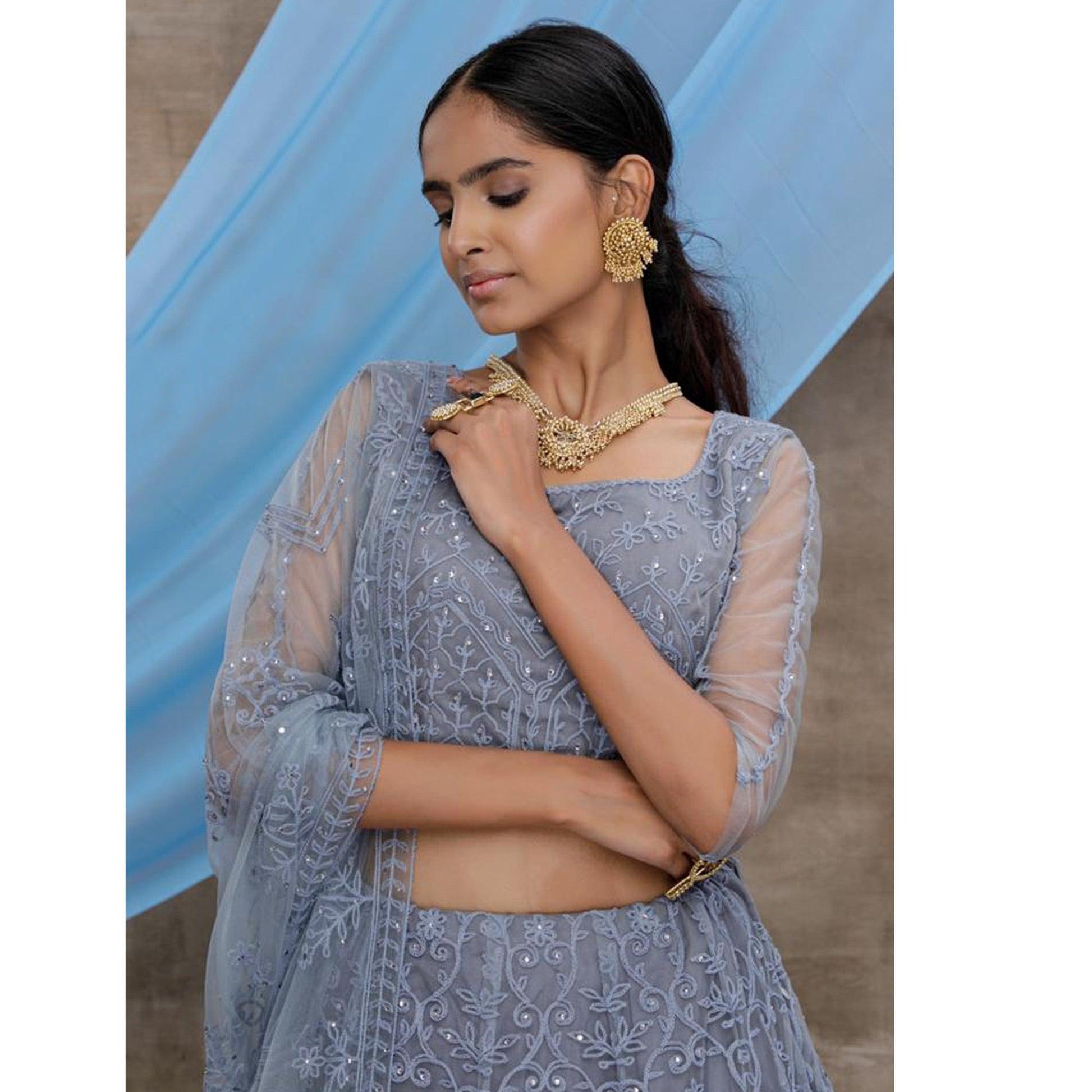 Desirable Grey Colored Party Wear Embroidered Net Lehenga Choli