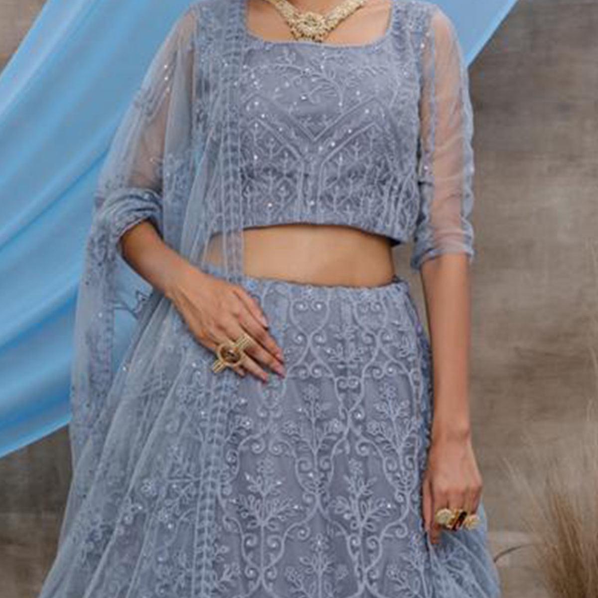 Desirable Grey Colored Party Wear Embroidered Net Lehenga Choli