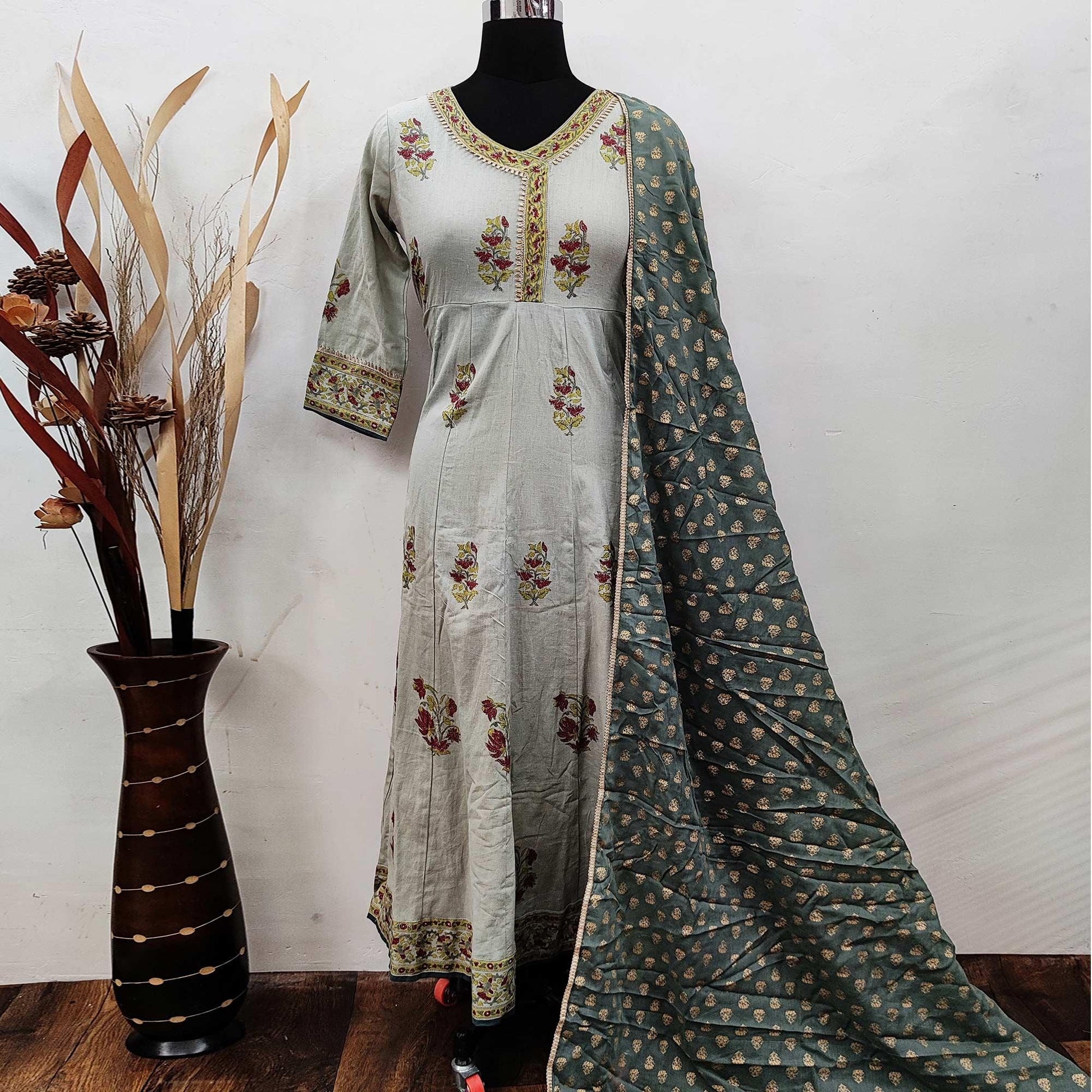 Desirable Grey Colored Party Wear Floral Printed Cotton Anarkali Kurti With Dupatta
