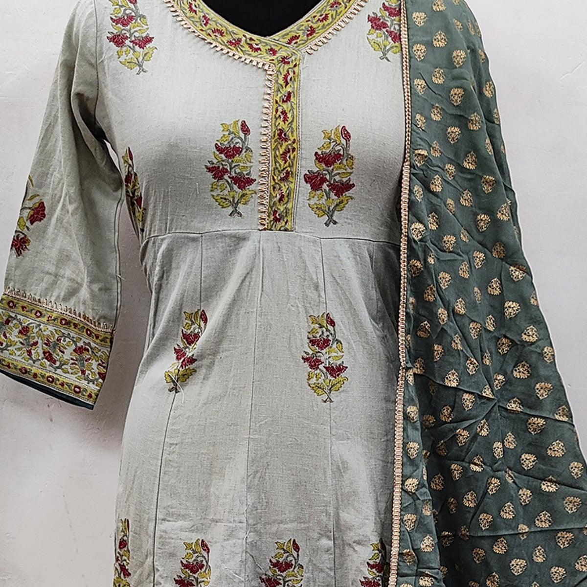 Desirable Grey Colored Party Wear Floral Printed Cotton Anarkali Kurti With Dupatta