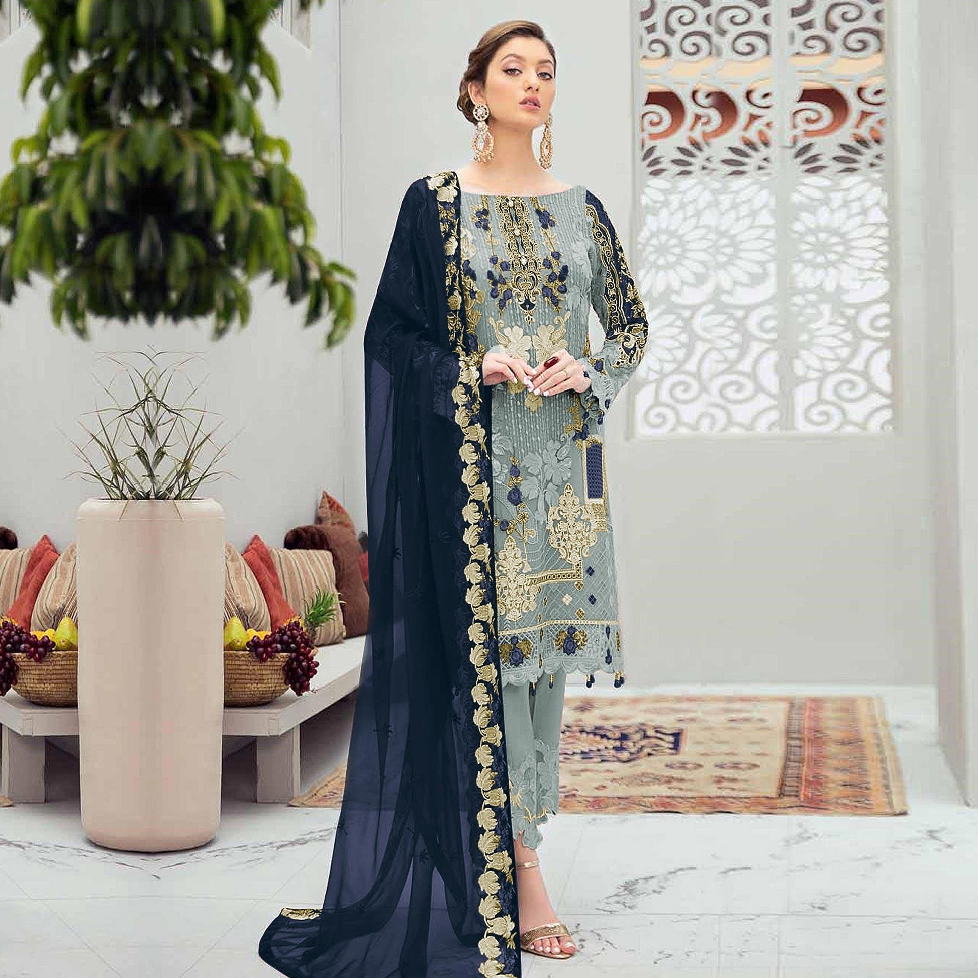 Desirable Grey Colored Partywear Embroidered Net Straight Pakistani Suit