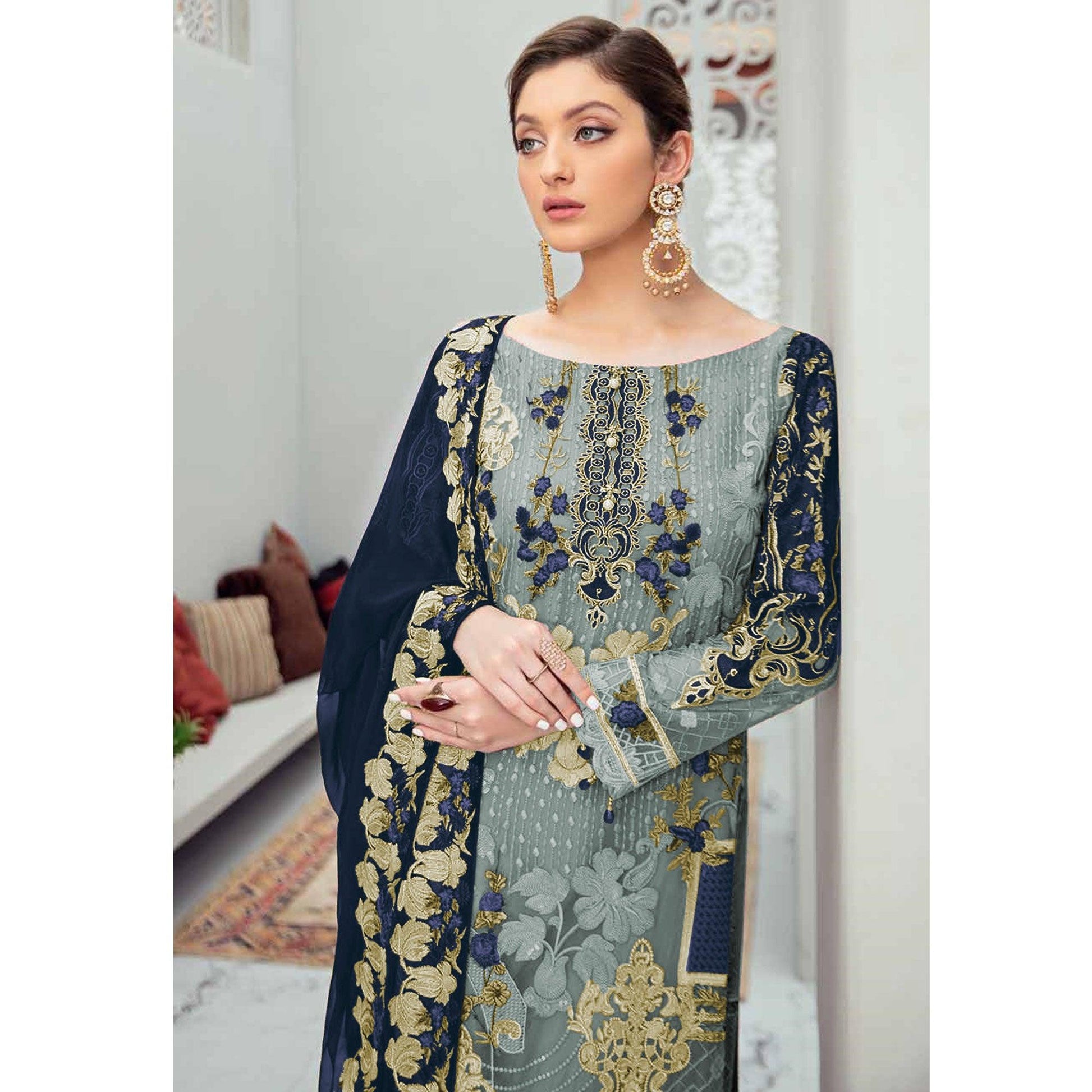 Desirable Grey Colored Partywear Embroidered Net Straight Pakistani Suit