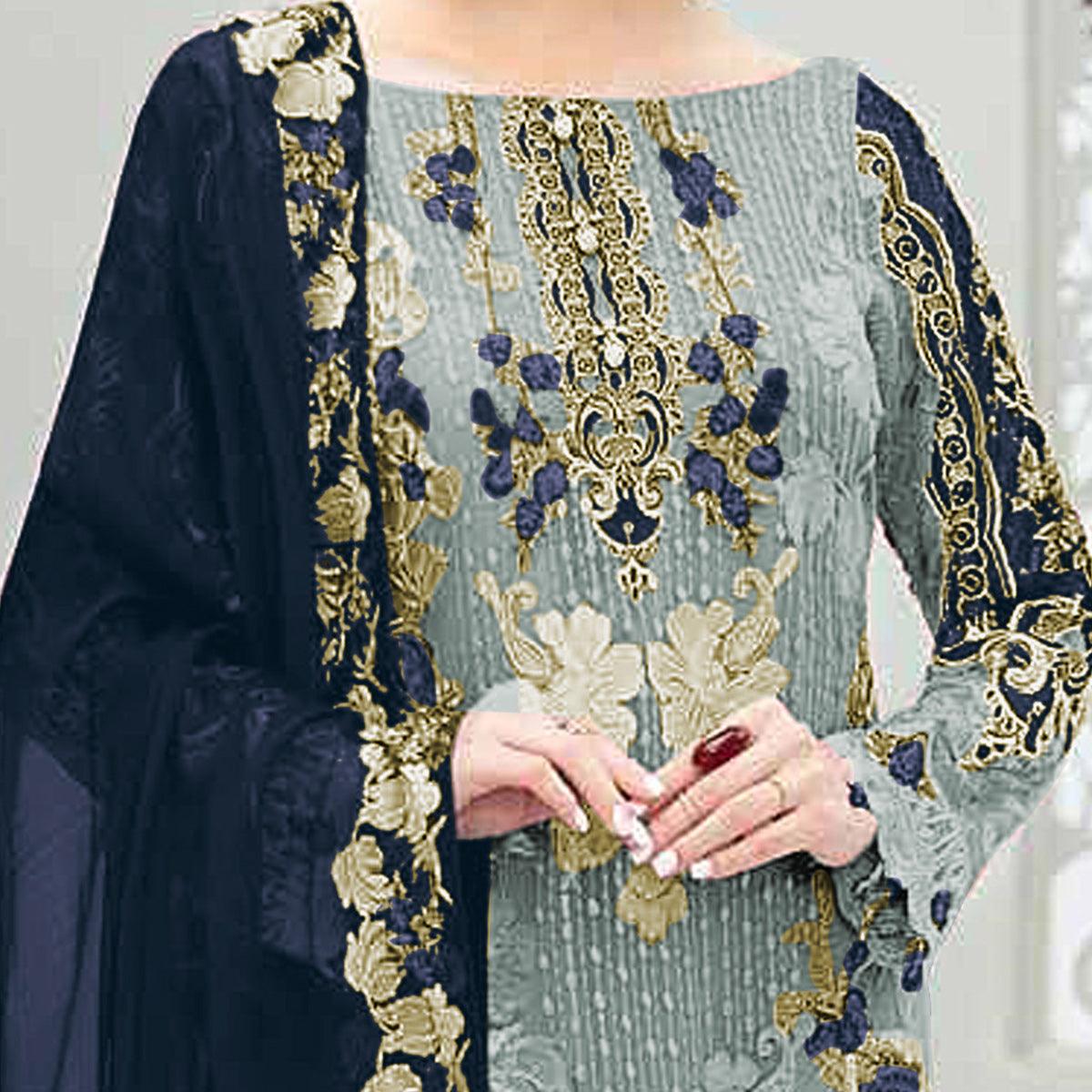 Desirable Grey Colored Partywear Embroidered Net Straight Pakistani Suit
