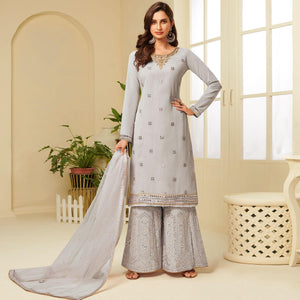 Desirable Grey Coloured Partywear Gota Work Georgette Palazzo Suit