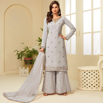 Desirable Grey Coloured Partywear Gota Work Georgette Palazzo Suit