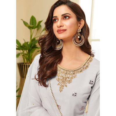 Desirable Grey Coloured Partywear Gota Work Georgette Palazzo Suit