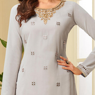 Desirable Grey Coloured Partywear Gota Work Georgette Palazzo Suit