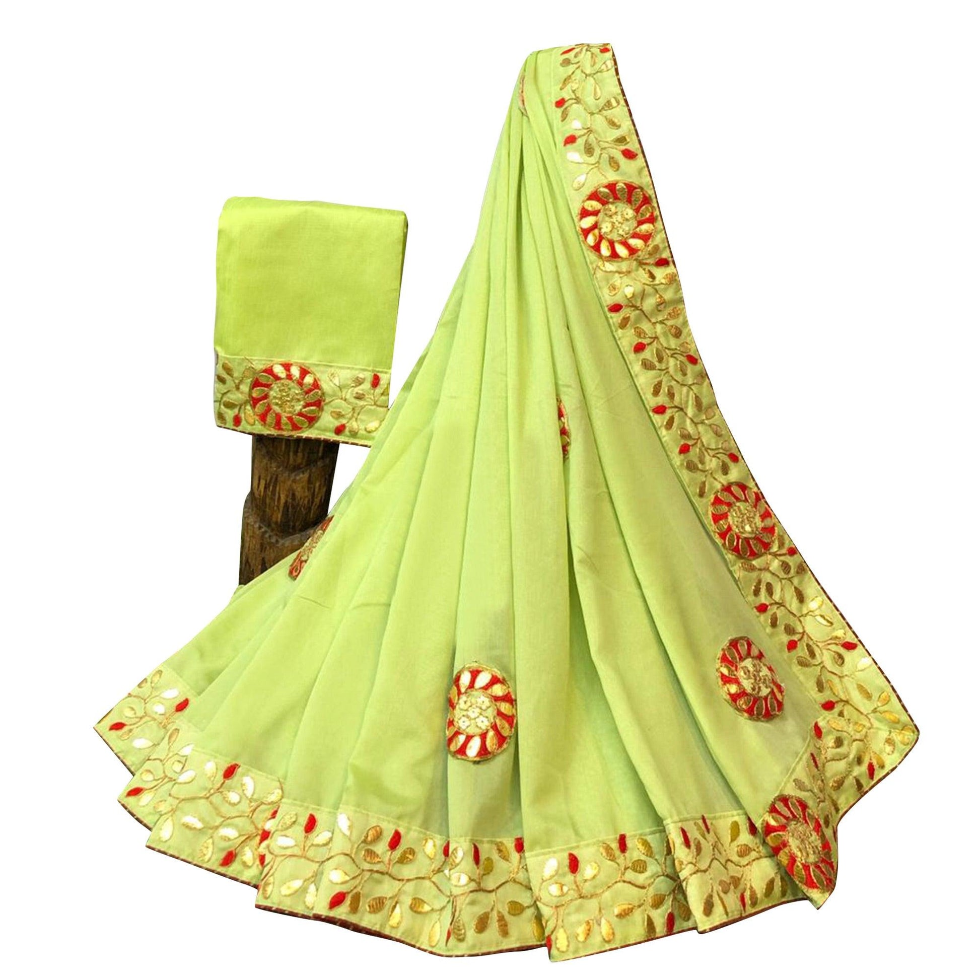 Desirable Lemon Green Colored Partywear Embroidered Art Silk Saree