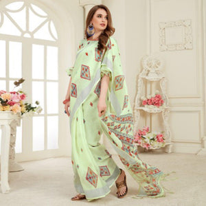 Desirable Light Green Colored Casual Printed Linen Saree With Tassels