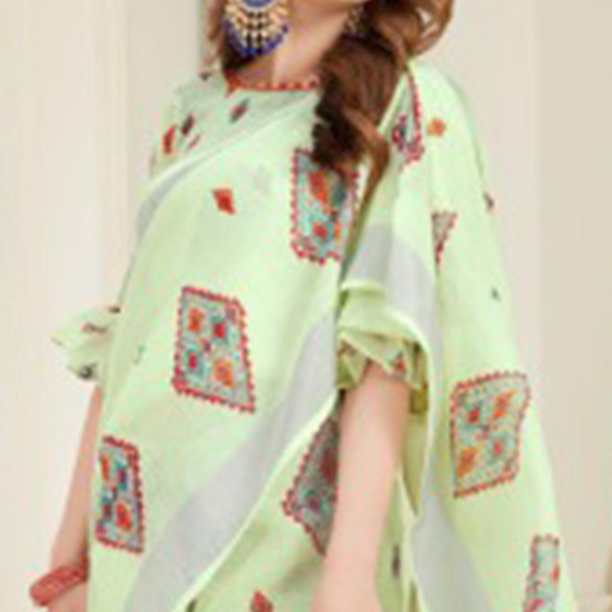Desirable Light Green Colored Casual Printed Linen Saree With Tassels