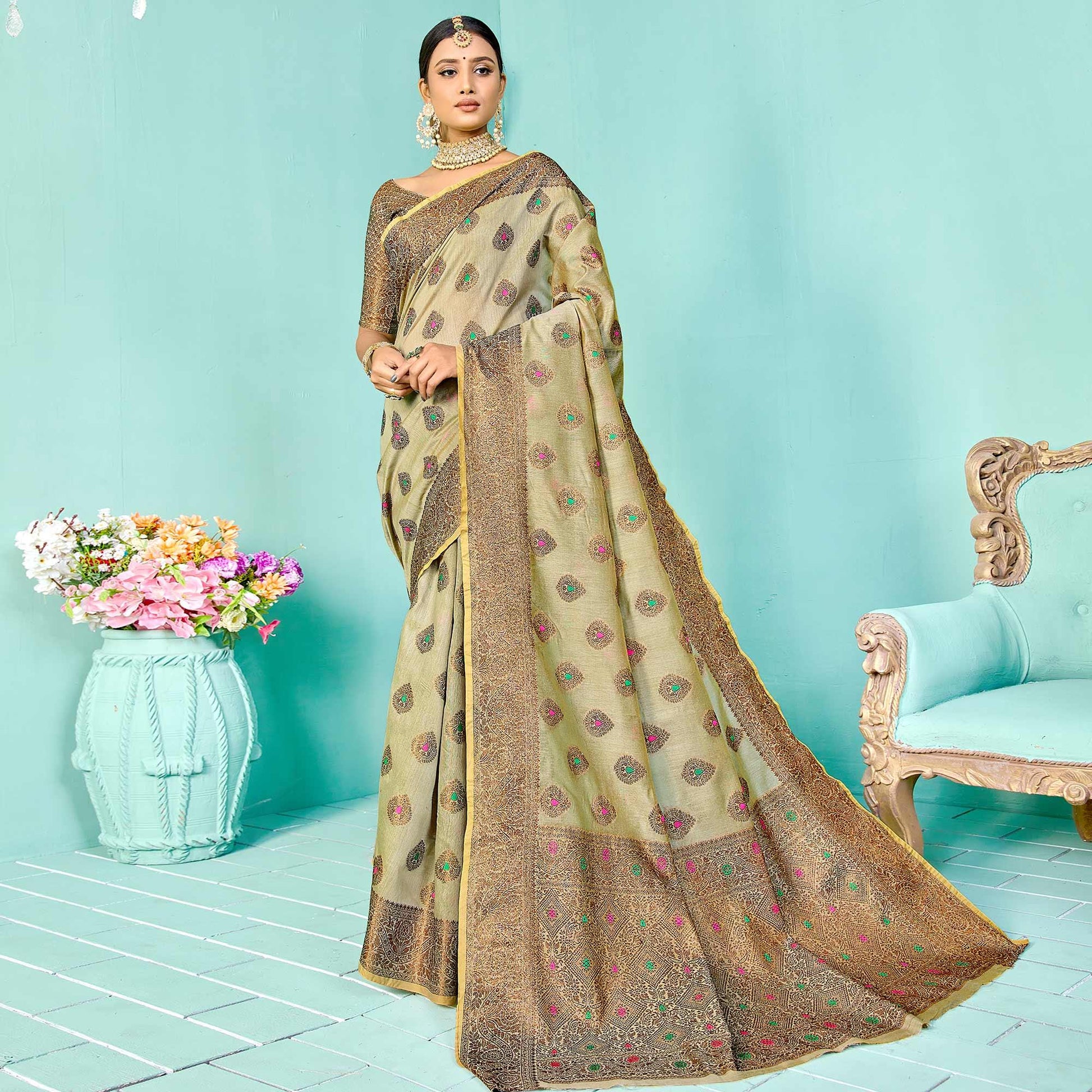 Desirable Light Green Festive Wear Woven Designer Silk Saree