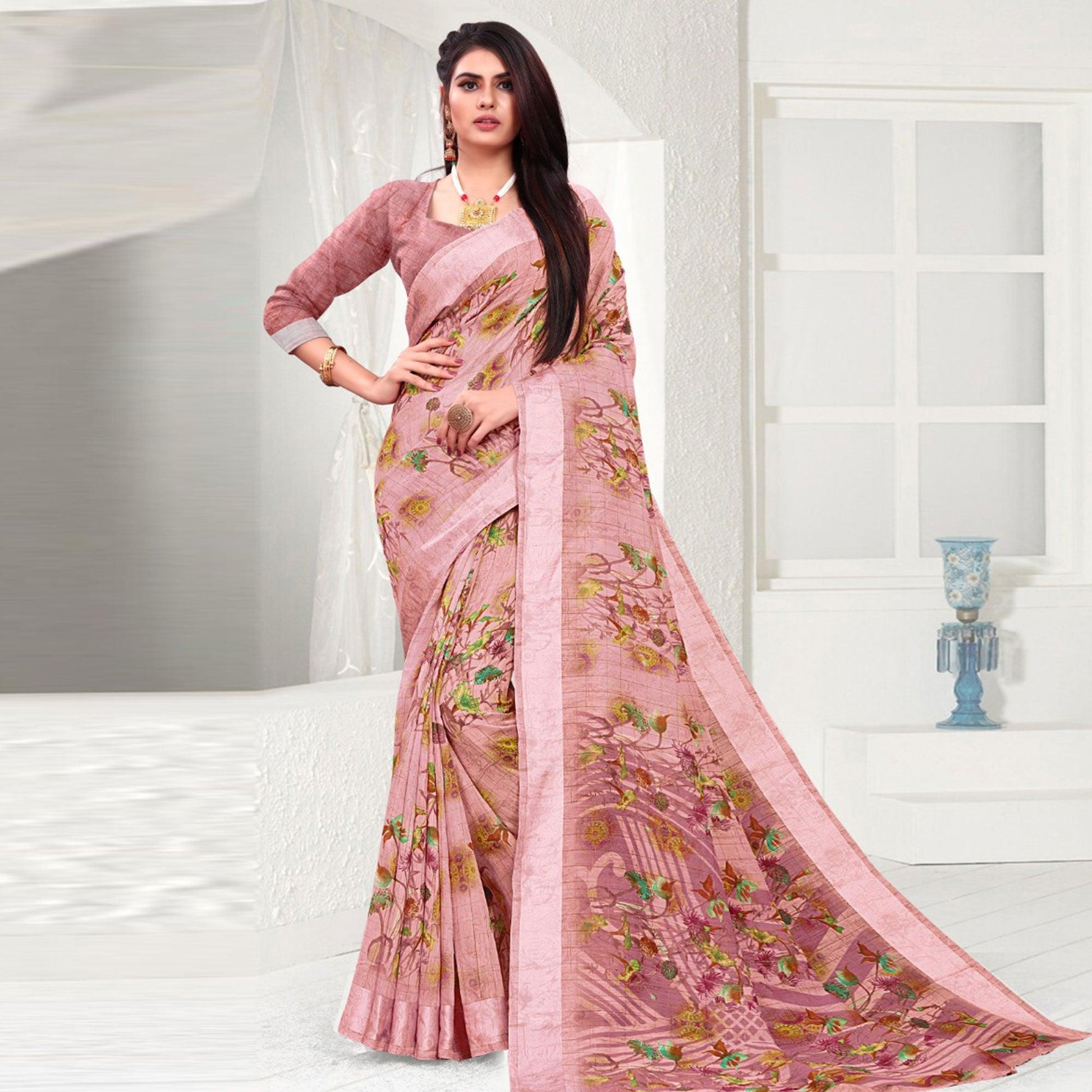 Desirable Light Peach Colored Casual Wear Printed Cotton Saree
