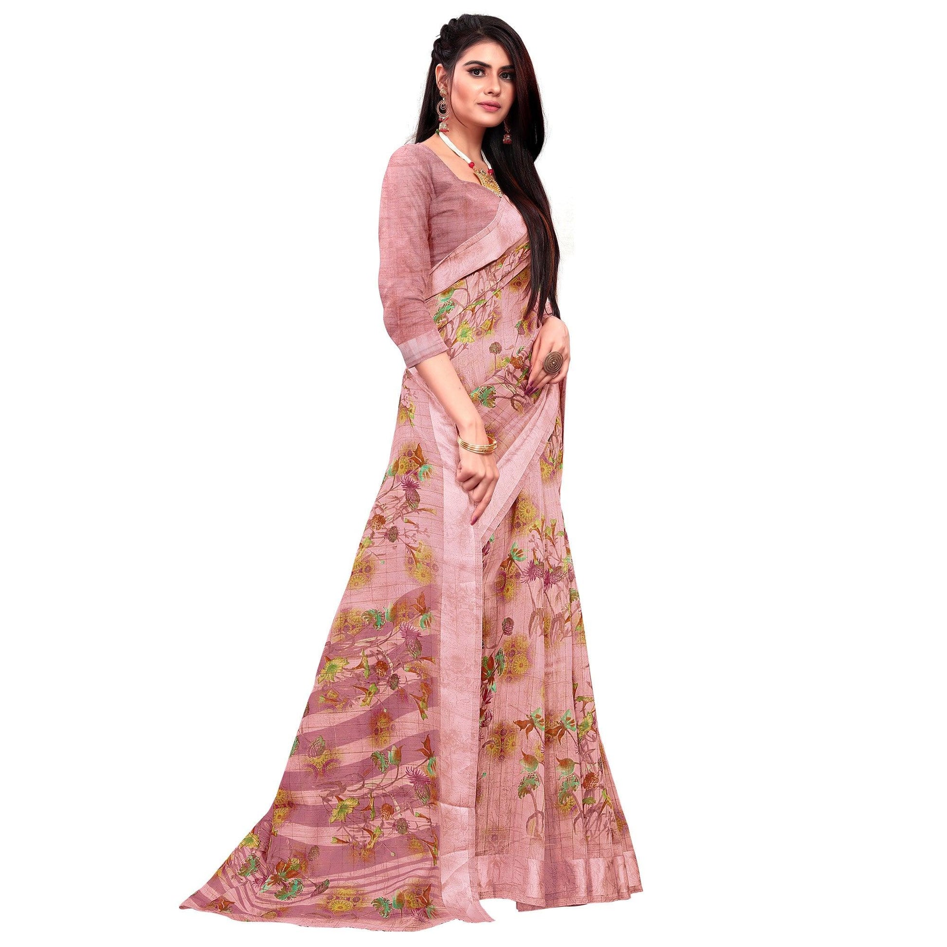 Desirable Light Peach Colored Casual Wear Printed Cotton Saree