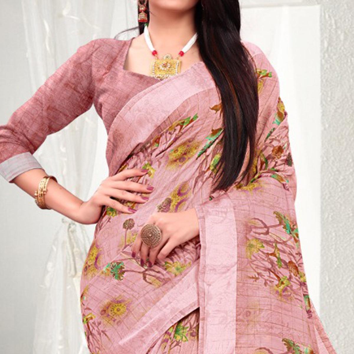 Desirable Light Peach Colored Casual Wear Printed Cotton Saree