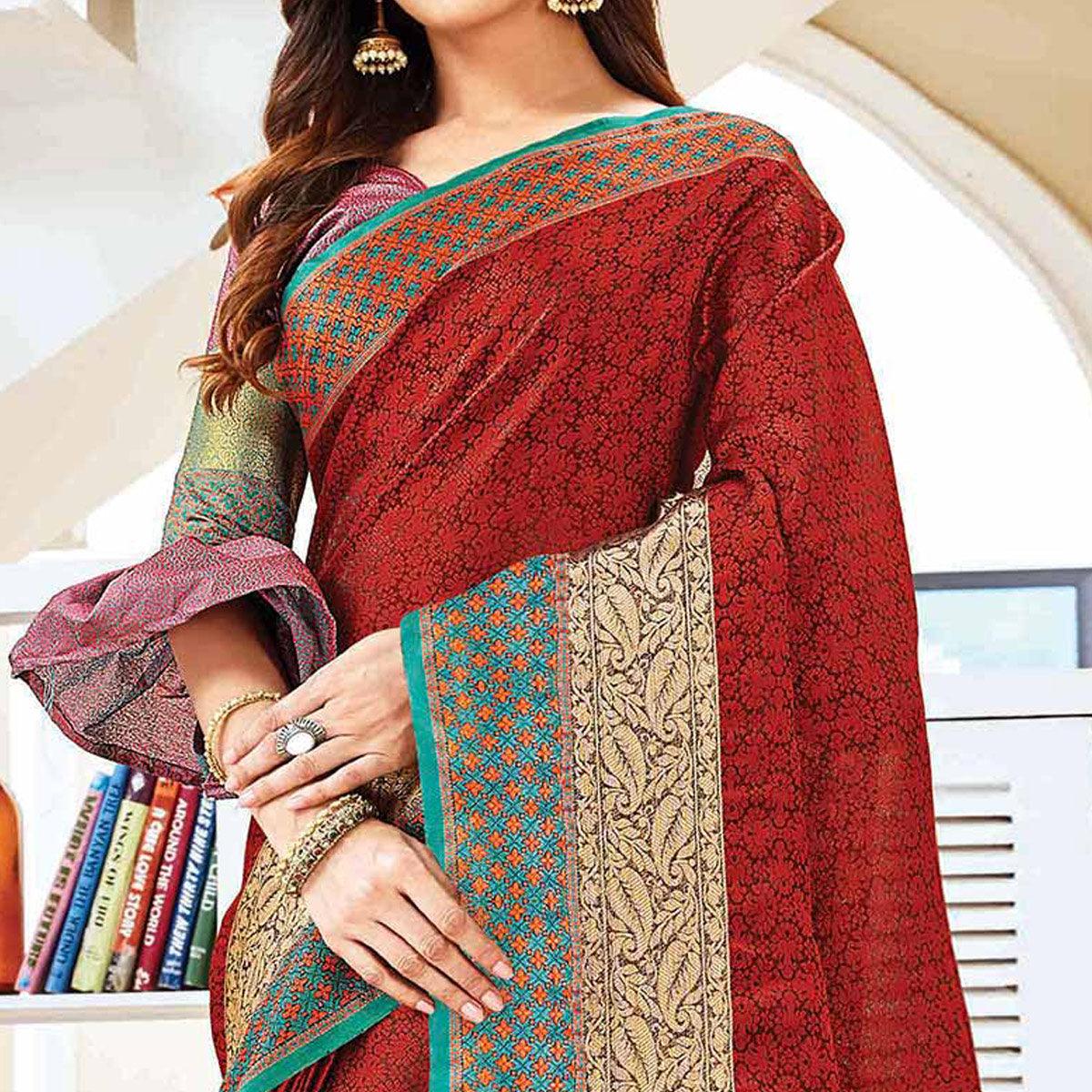 Desirable Maroon Colored Festive Wear Woven Handloom Silk Saree