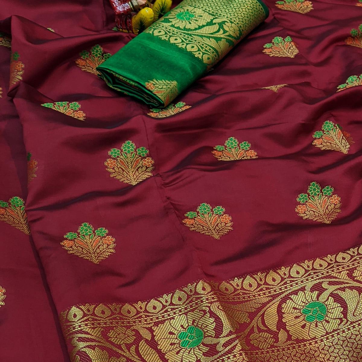 Desirable Maroon Colored Festive Wear Woven Lichi Silk Saree