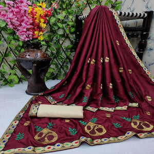 Desirable Maroon Coloured Partywear Embroidered Dola Silk Saree