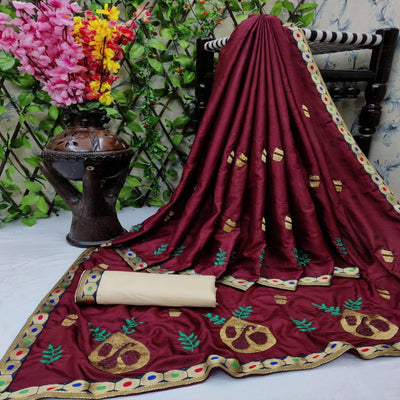 Desirable Maroon Coloured Partywear Embroidered Dola Silk Saree