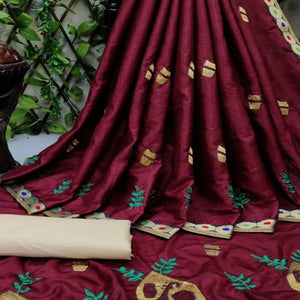 Desirable Maroon Coloured Partywear Embroidered Dola Silk Saree