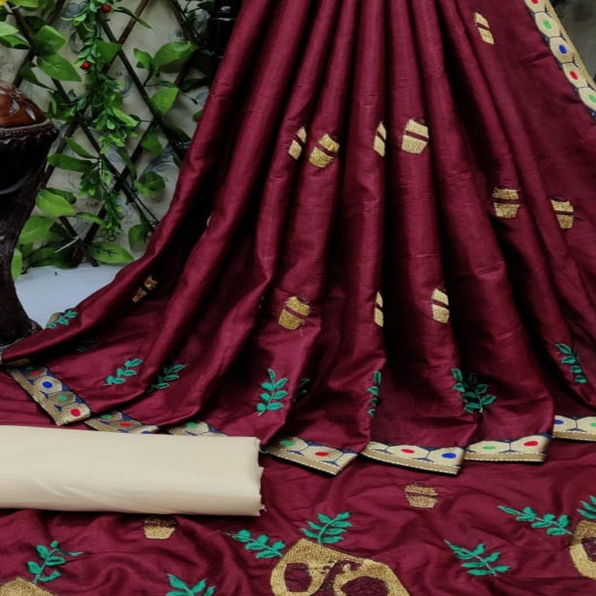 Desirable Maroon Coloured Partywear Embroidered Dola Silk Saree