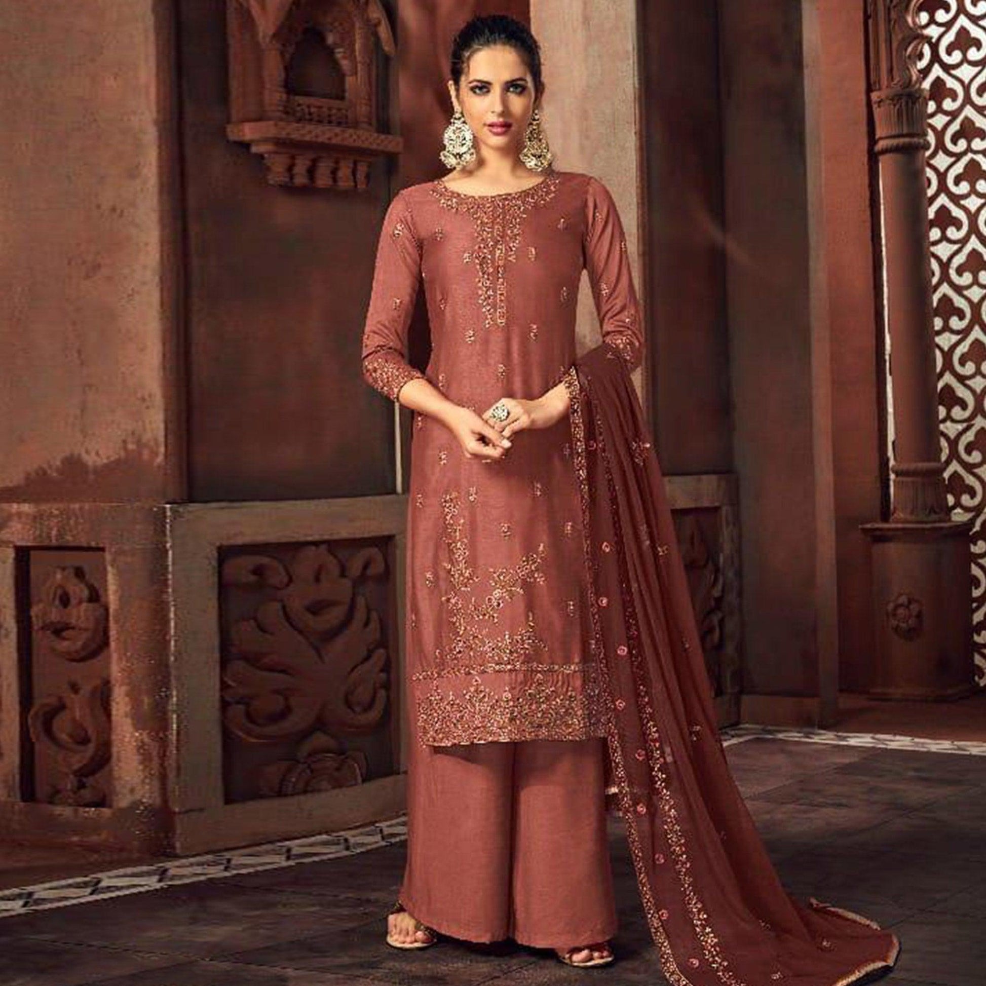 Desirable Muave Colored Party Wear Embroidered Silk Palazzo Suit