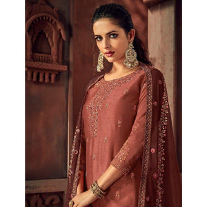 Desirable Muave Colored Party Wear Embroidered Silk Palazzo Suit