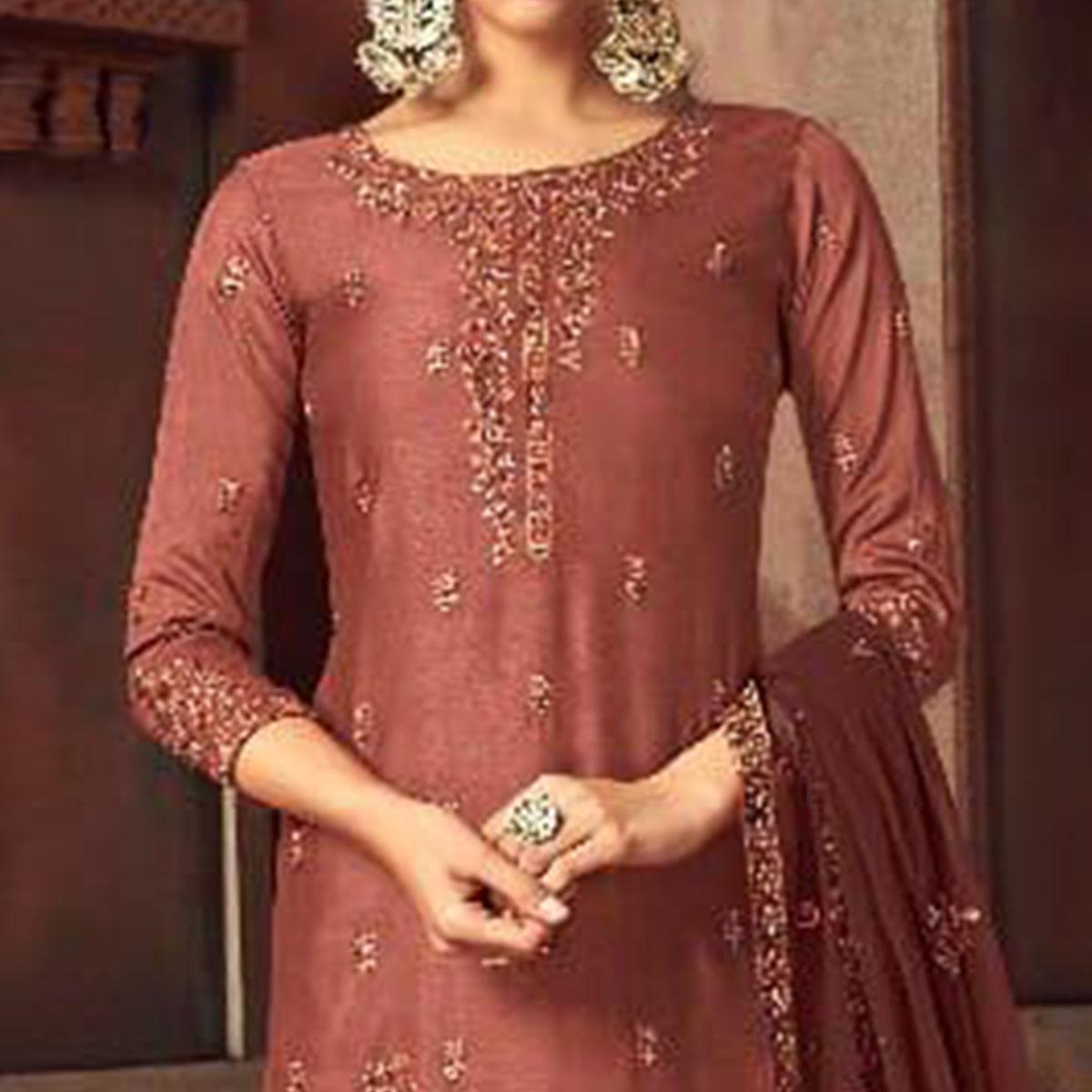 Desirable Muave Colored Party Wear Embroidered Silk Palazzo Suit