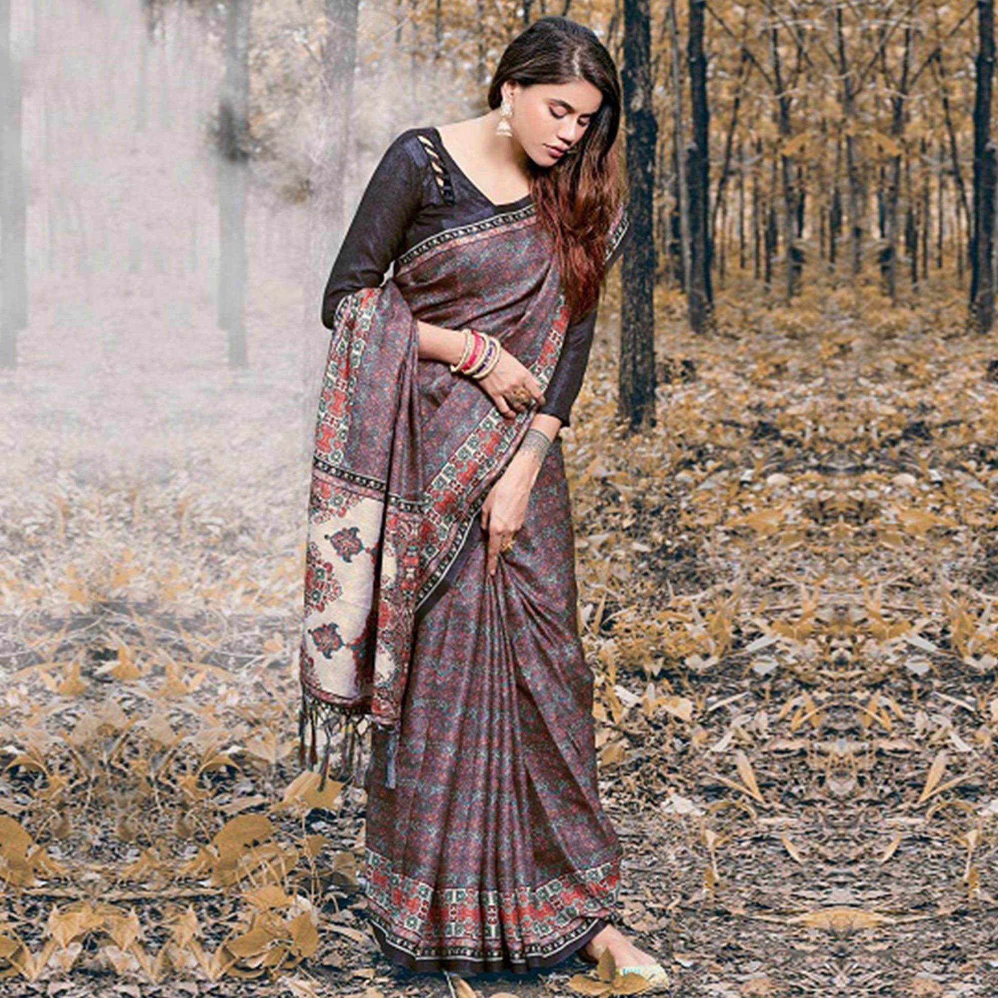 Desirable Multi Colored Festive Wear Printed Art Silk Saree