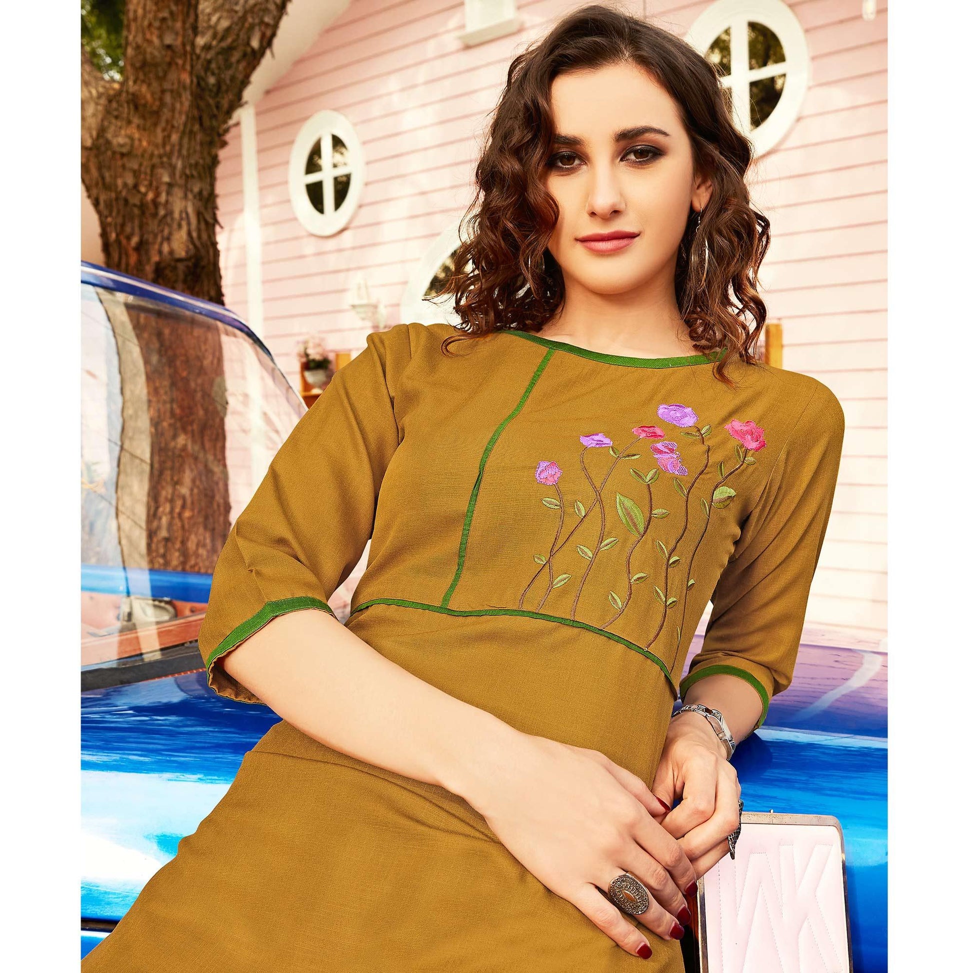 Desirable Mustard Yellow Colored Casual Wear Floral Embroidered Swiss Cotton Slub Kurti