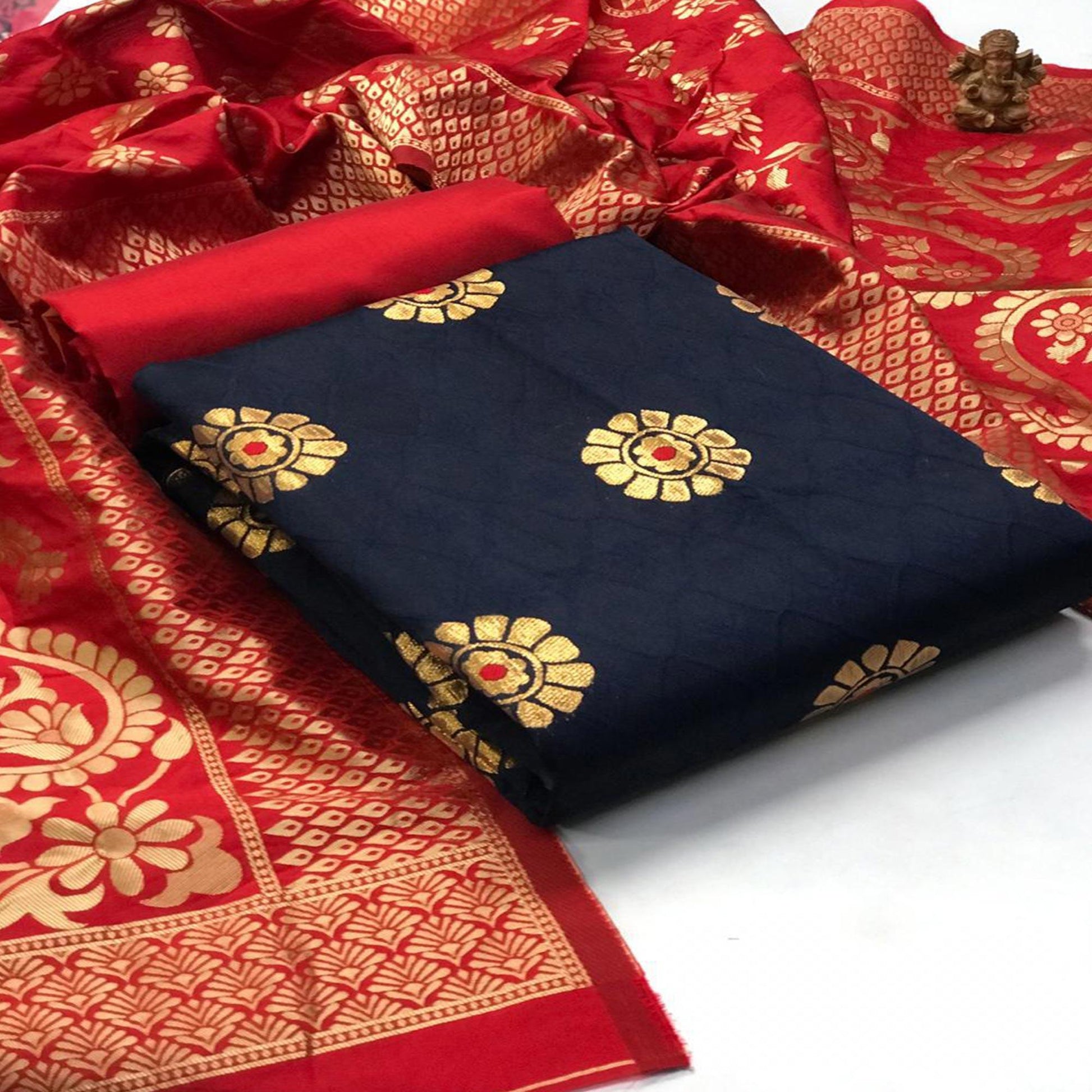 Desirable Navy Blue Colored Festive Wear Woven Banarasi Silk Dress Material