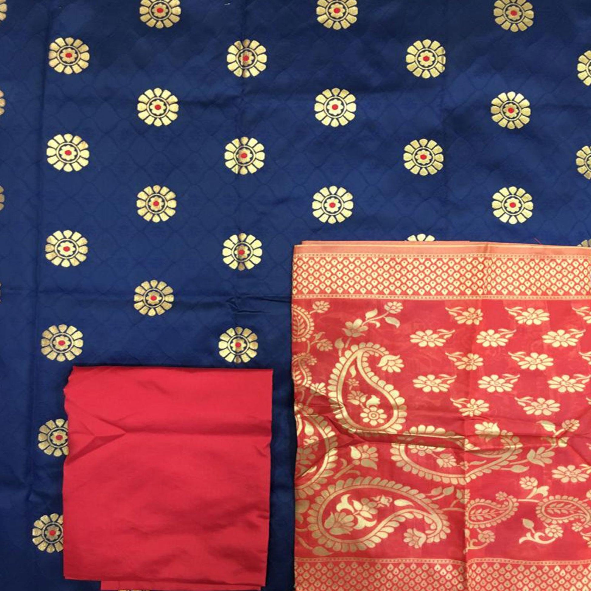 Desirable Navy Blue Colored Festive Wear Woven Banarasi Silk Dress Material